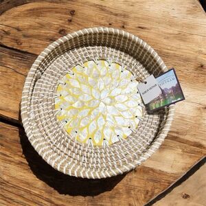 Halinh Rattan & Bamboo Seagrass Round Tray Nacre Base Handmade in Vietnam NWT